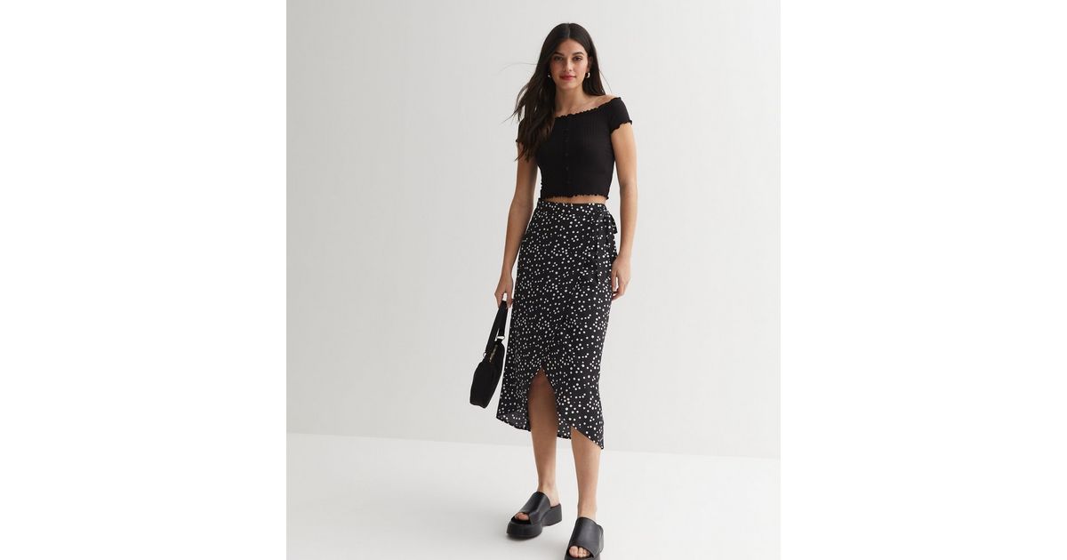Black Spot Crepe Midi Wrap Skirt New Look