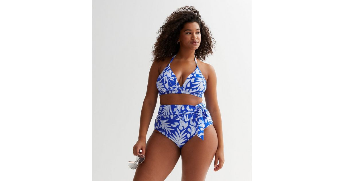 Curves Blue Tropical Spot High Waist Bikini Bottoms