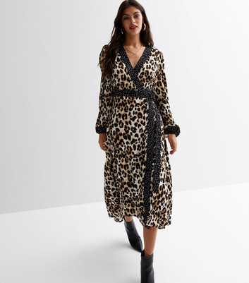 Gini London Brown Leopard Print V Neck Spot Trim Midi Dress