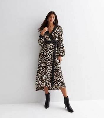Gini London Brown Leopard Print V Neck Spot Trim Midi Dress New Look