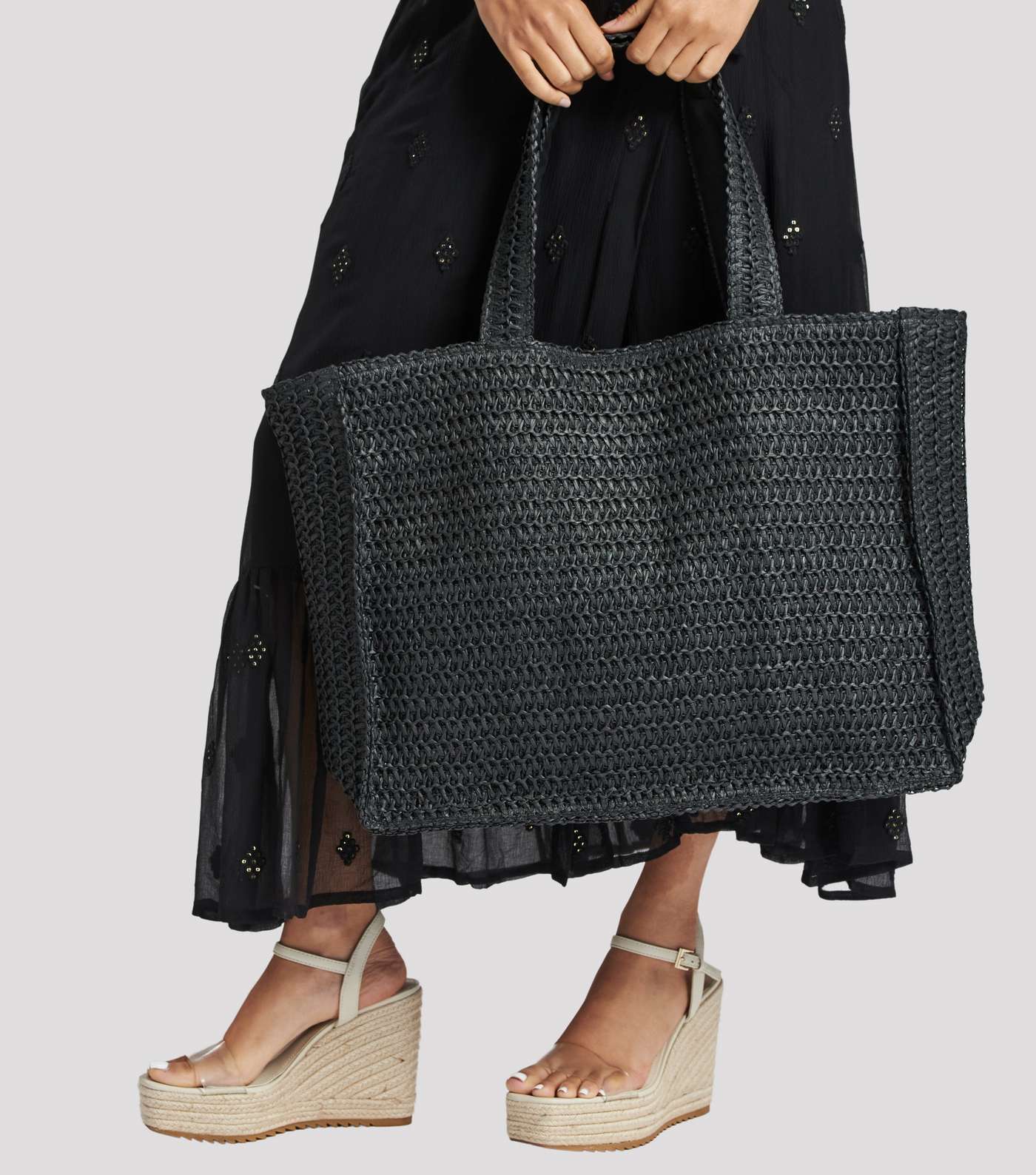 South Beach Black Woven Straw Effect Tote Bag Image 2