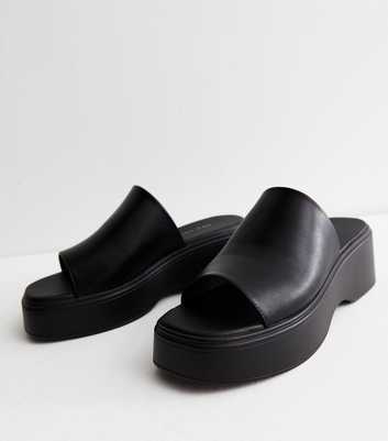 Black Leather-Look Chunky Flatform Sliders