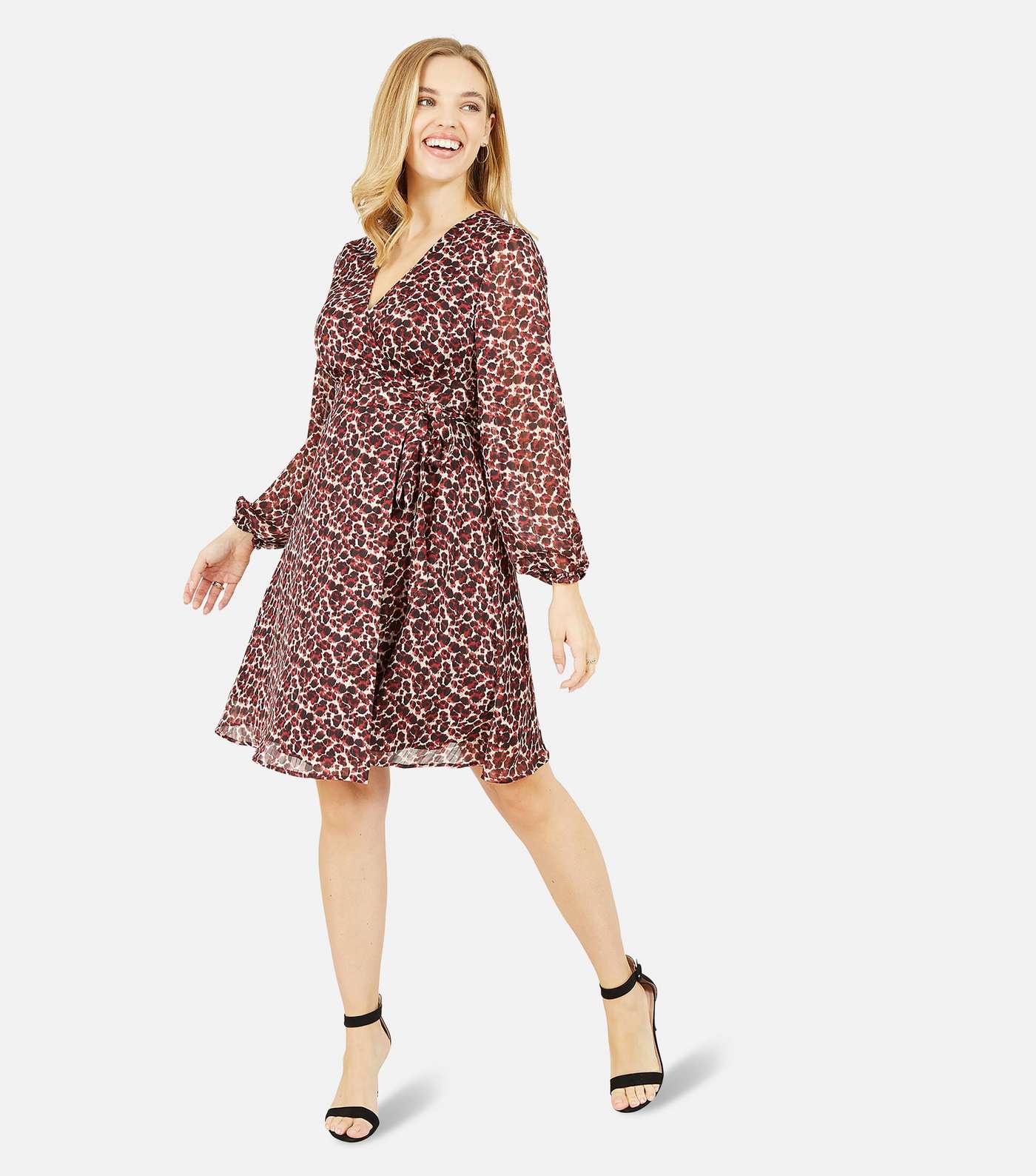 Yumi Burgundy Leopard Print Long Puff Sleeve Mini Wrap Dress
