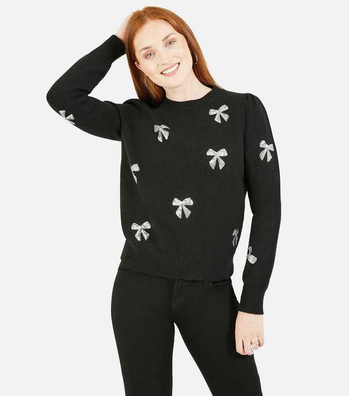 Yumi Black Knit Sequin Embellished Bow Long Sleeve Jumper | New Look