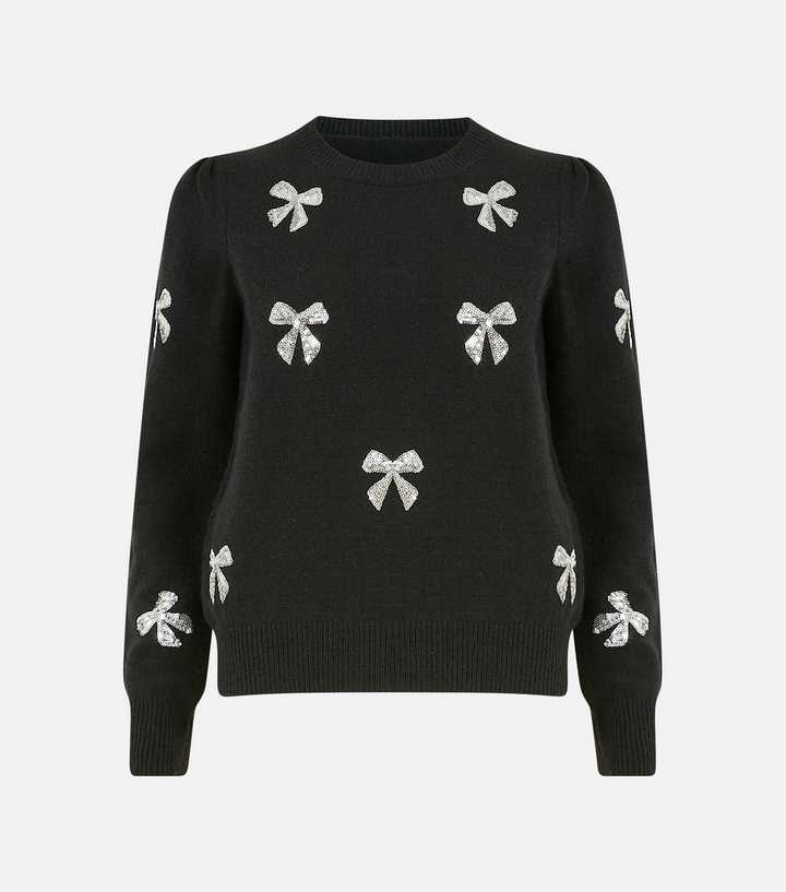 Yumi Black Knit Sequin Embellished Bow Long Sleeve Jumper | New Look