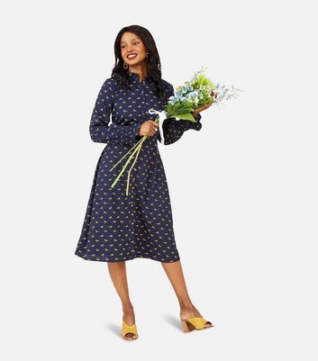 Yumi Navy Horse Print Long Sleeve Midi 