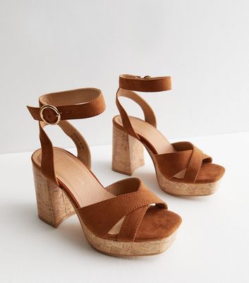 New Look Tan Suedette Faux Cork Platform Block Heel Sandals Vegan -  ShopStyle