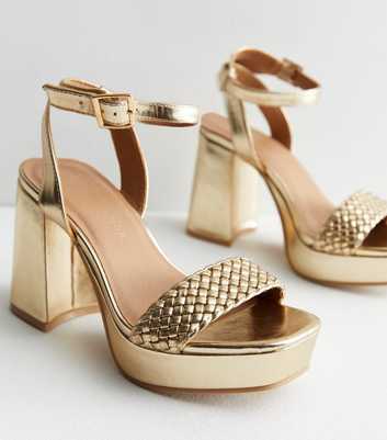 Wide Fit Gold Metallic Plaited Strap Platform Block Heel Sandals