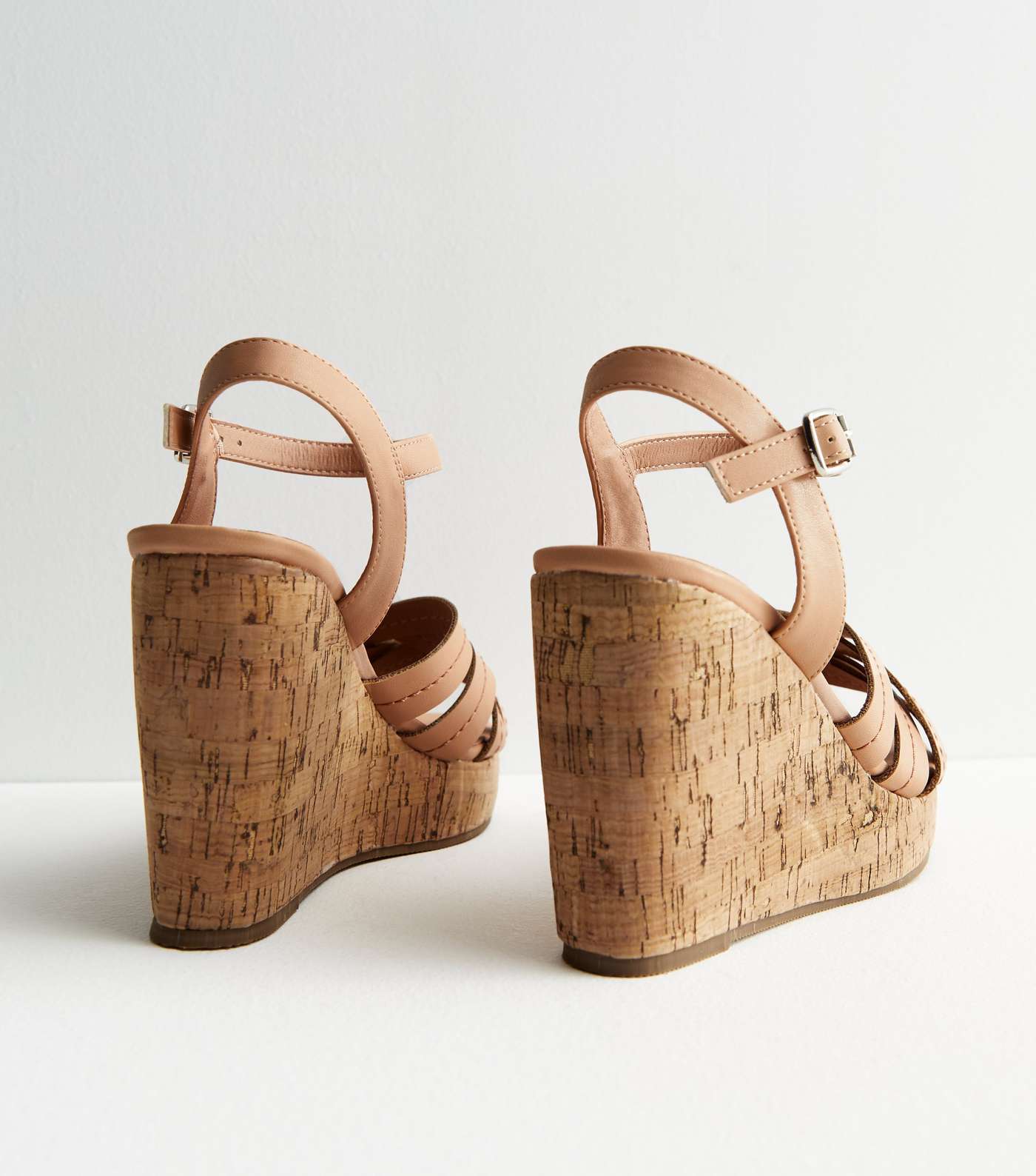 Wide Fit Cream Leather-Look Cork Wedge Heel Sandals Image 4