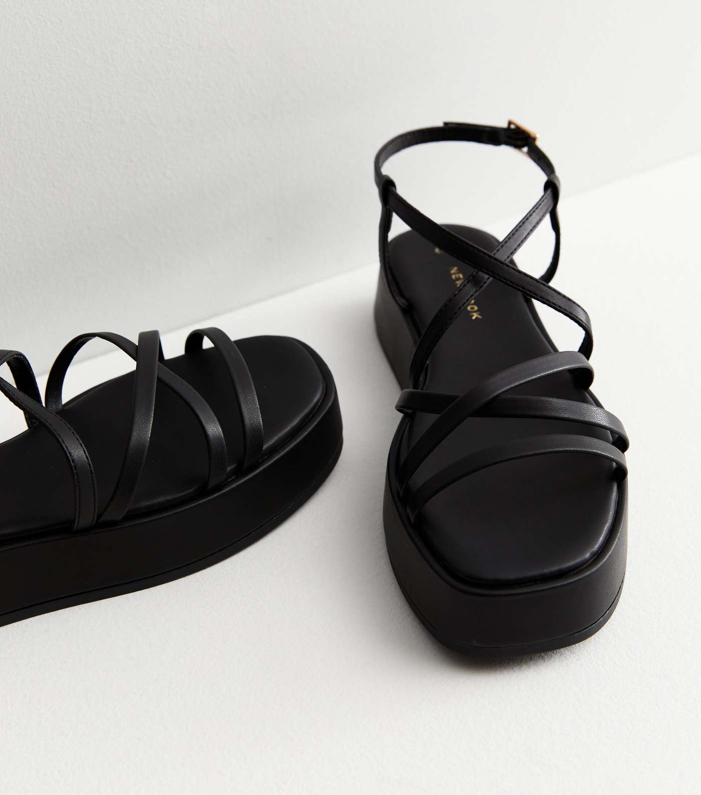 Black Leather-Look Strappy Flatform Sandals