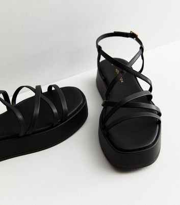 Black Leather-Look Strappy Flatform Sandals
