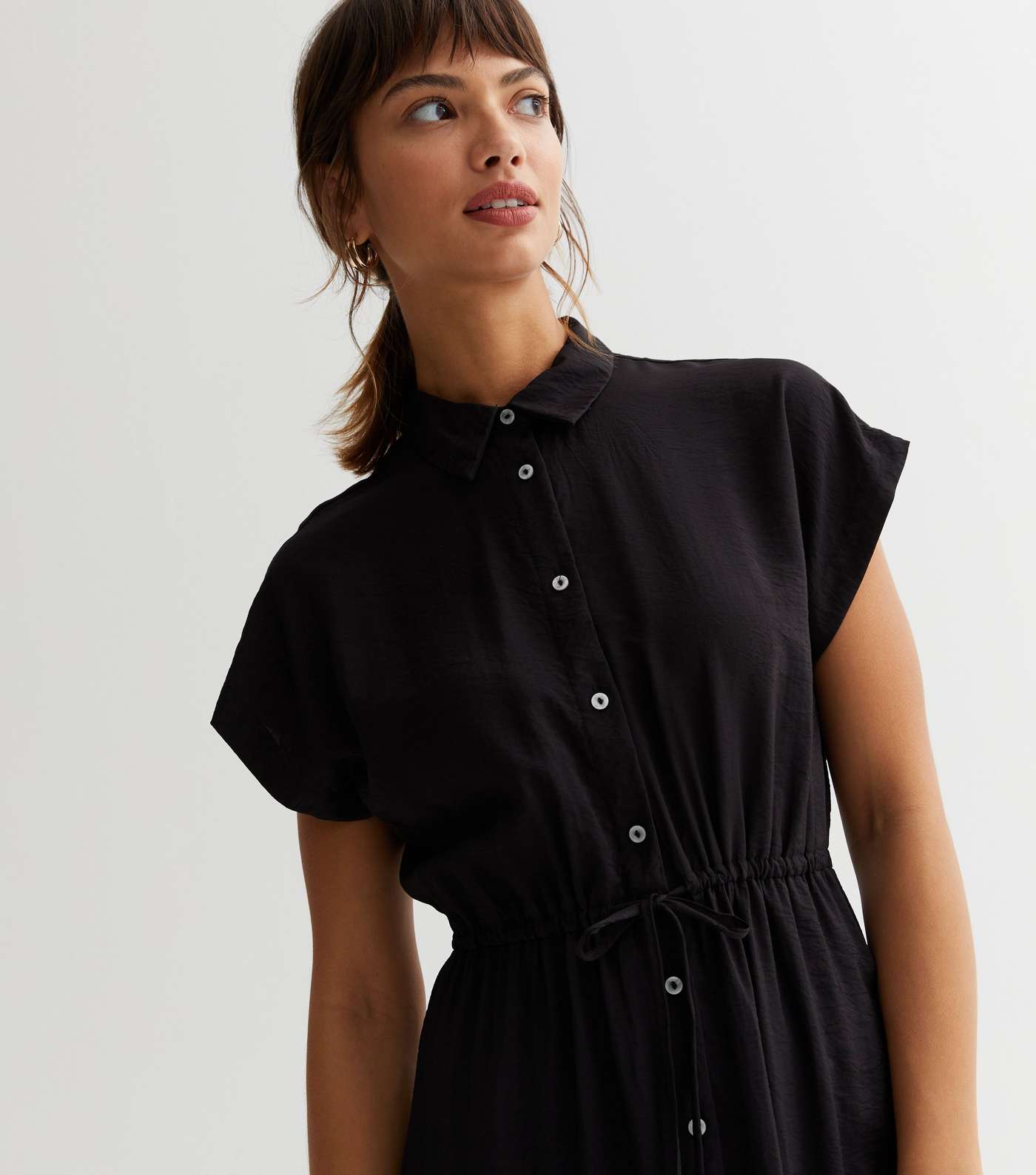 Black Drawstring Midi Shirt Dress Image 2