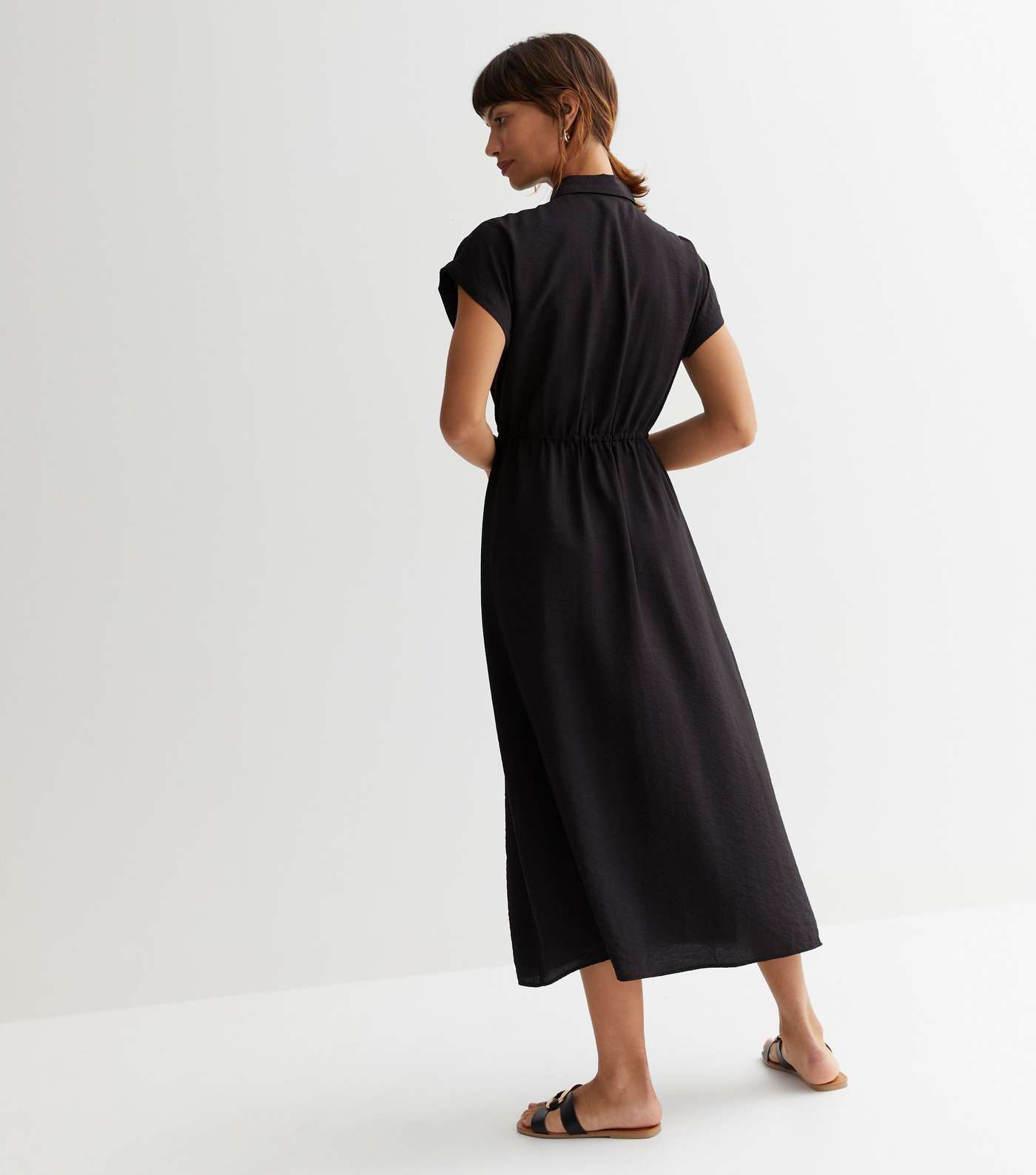 Black Drawstring Midi Shirt Dress Image 4
