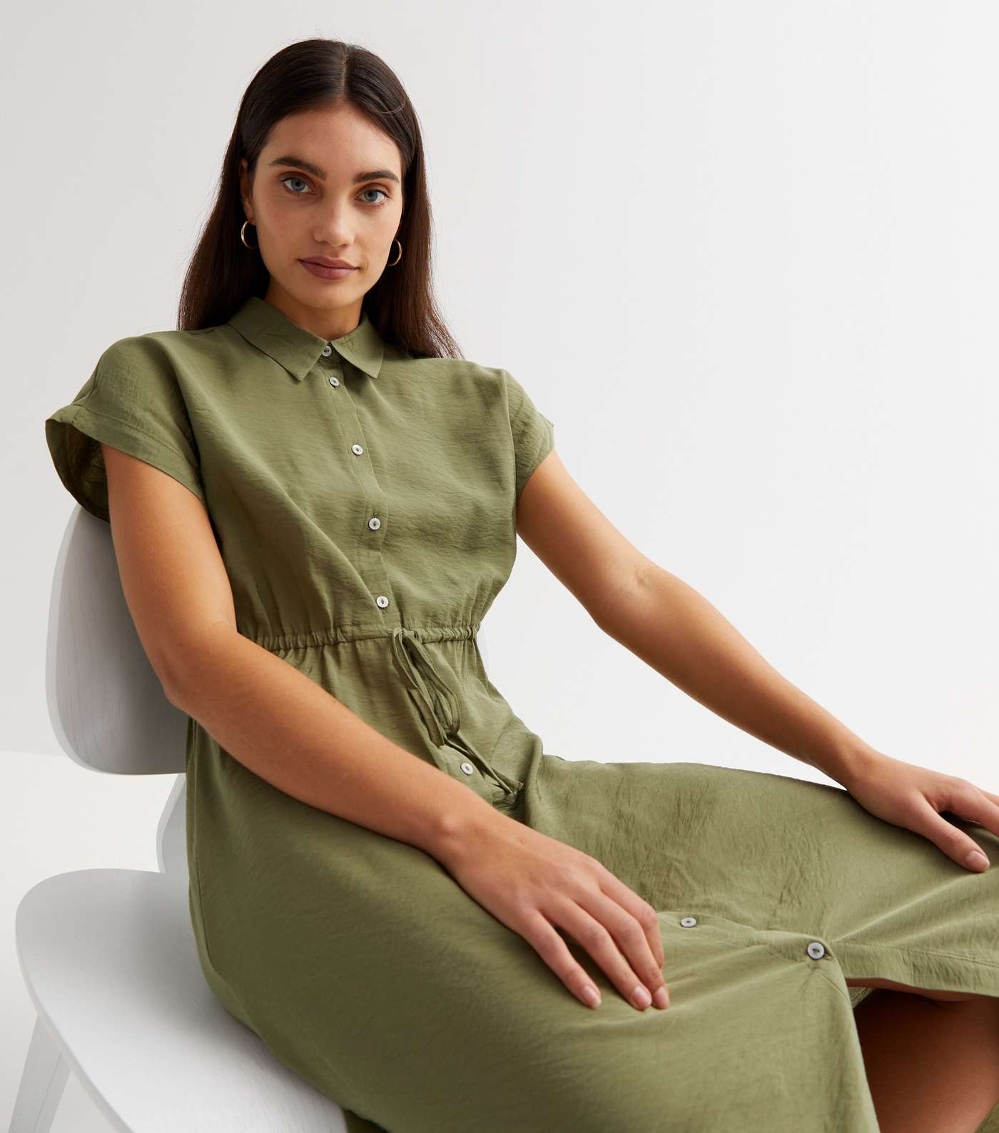 Khaki Drawstring Midi Shirt Dress Image 2