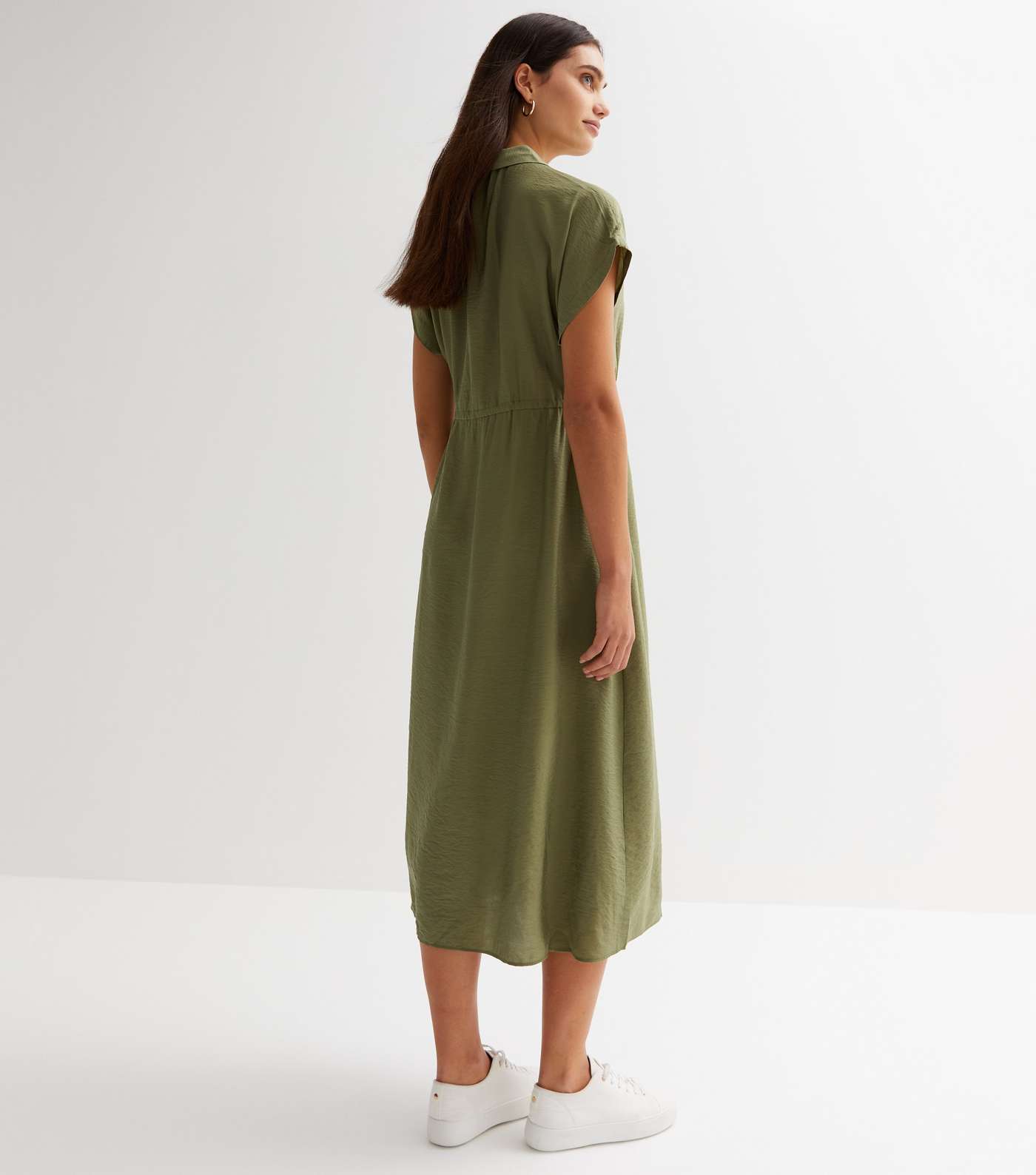 Khaki Drawstring Midi Shirt Dress Image 4