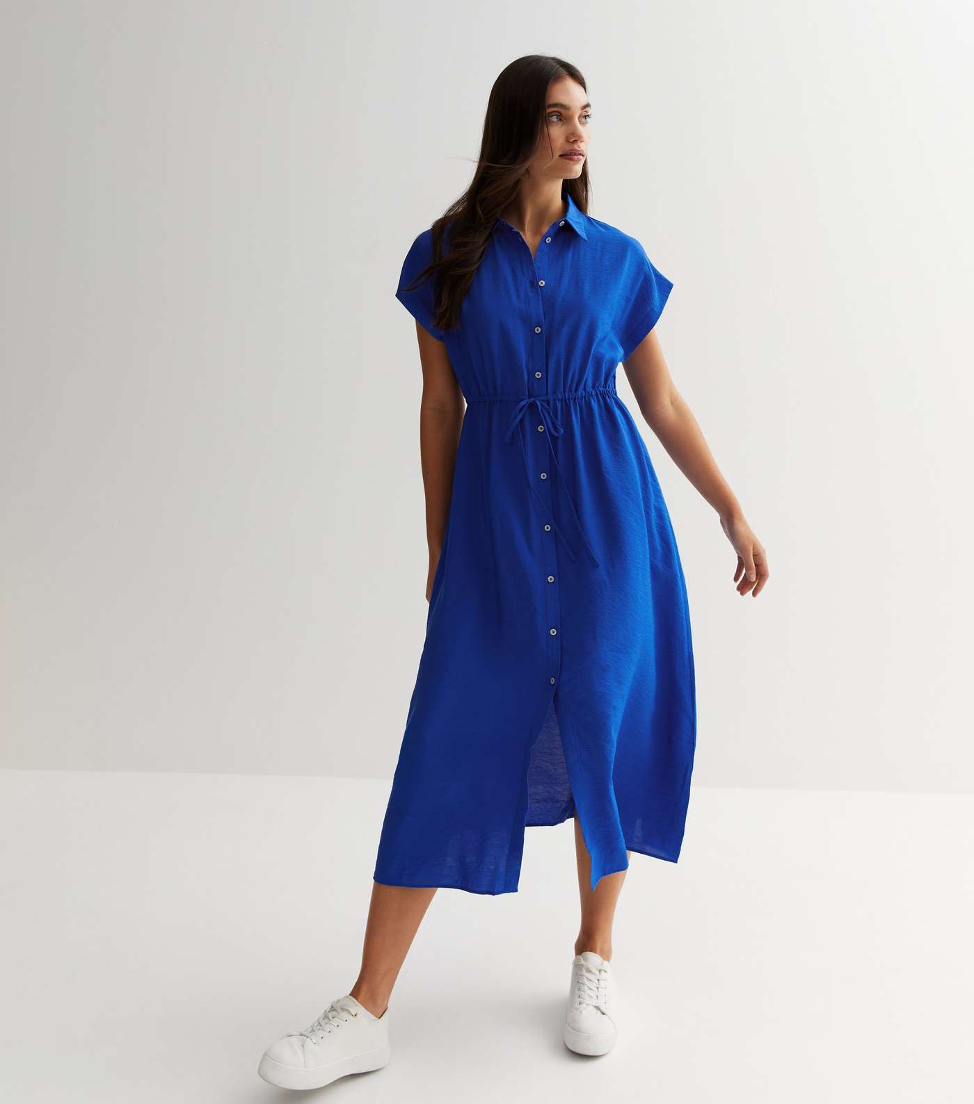Blue Drawstring Midi Shirt Dress