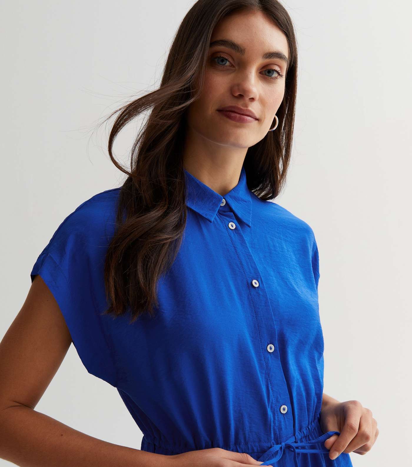 Blue Drawstring Midi Shirt Dress Image 3