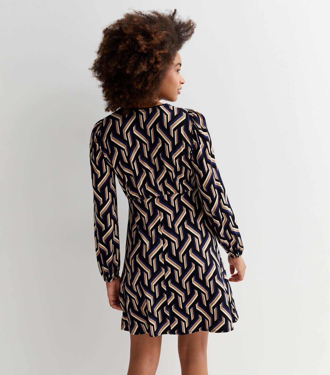 Black Geometric Jersey Long Sleeve Mini Dress Image 4