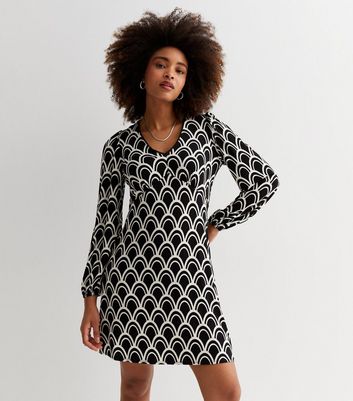 Black Geometric Print Lace Trim Mini Dress New Look