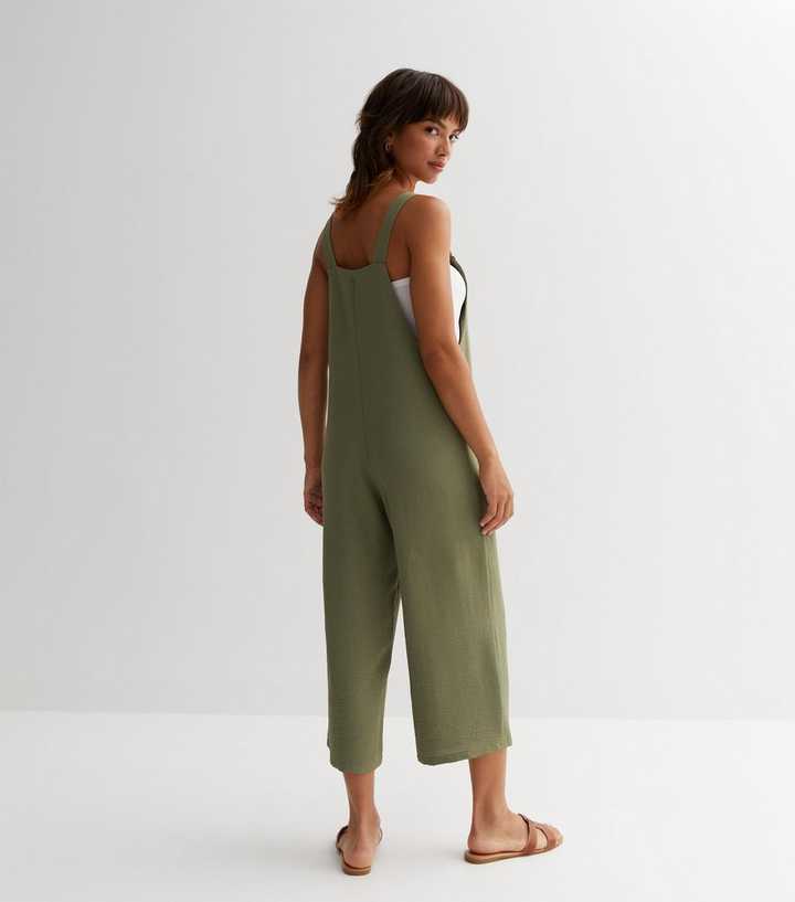 Khaki Wide Leg Crop Dungaree Jumpsuit