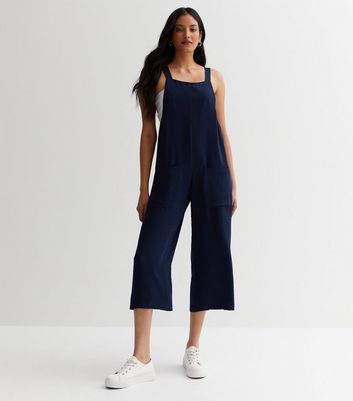 Navy Wide Leg Crop Dungaree Jumpsuit