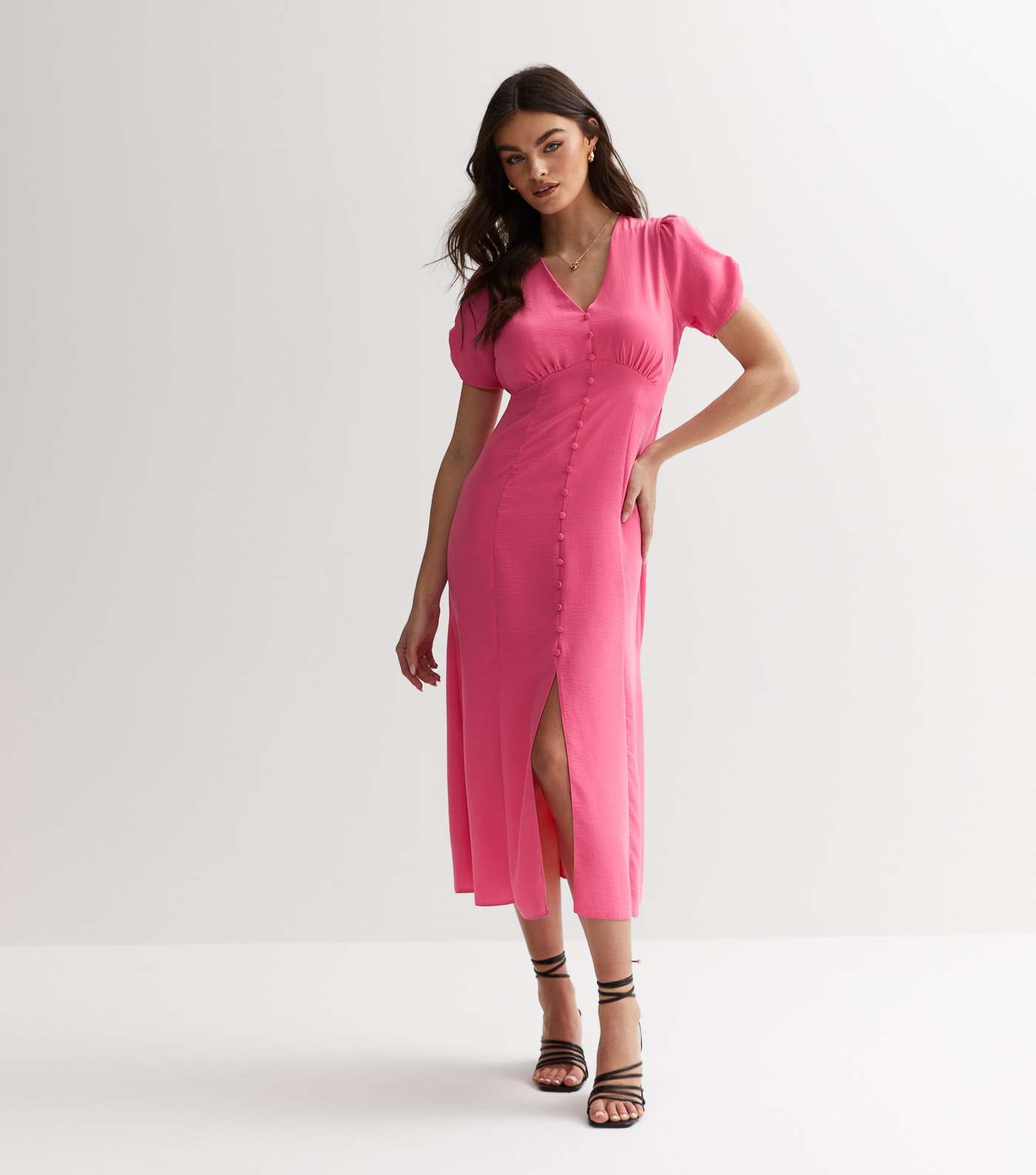 Pink Button Front Midi Dress Image 3