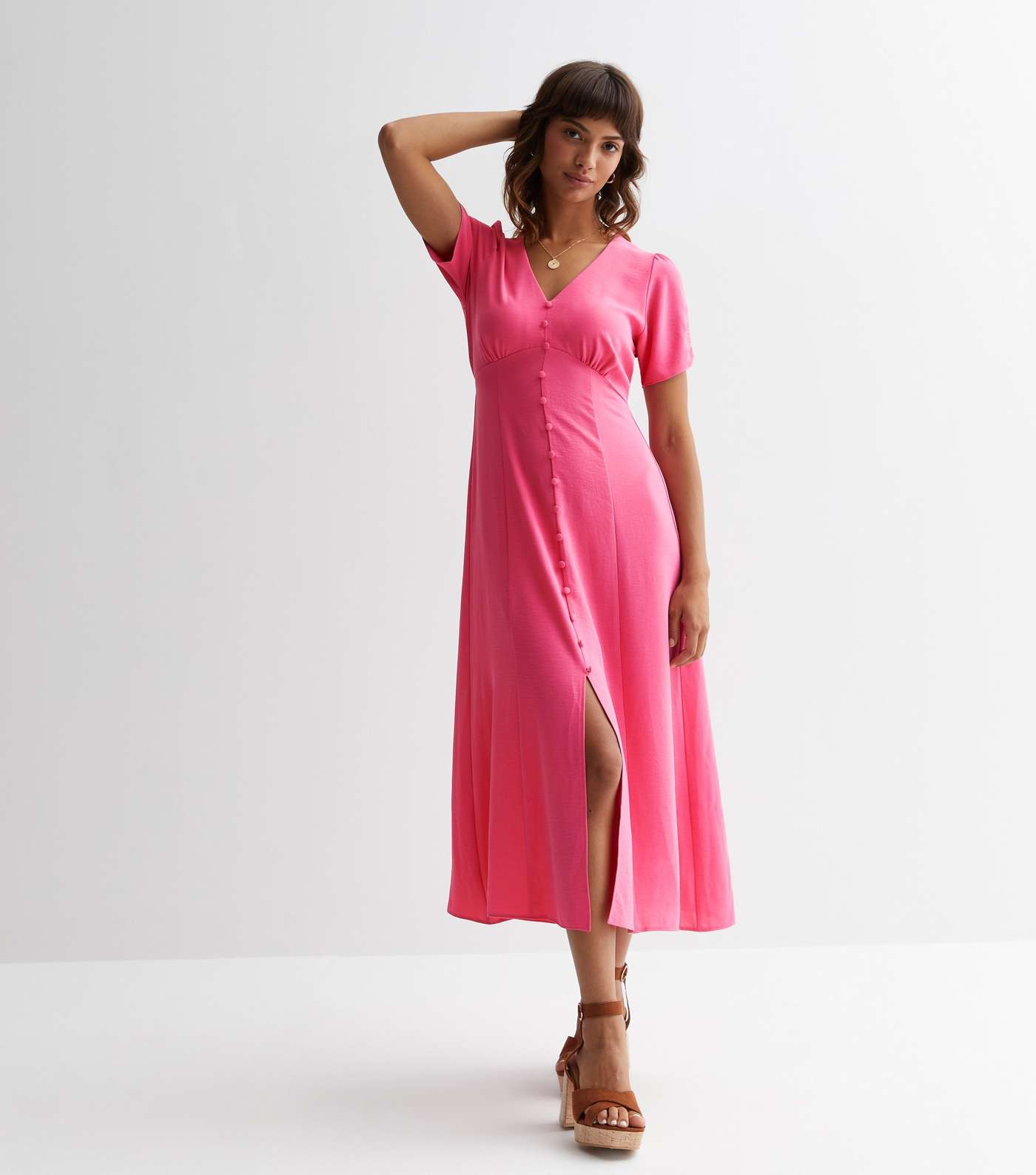 Bright Pink Button Front Midaxi Dress Image 2