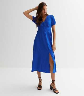 Blue Button Front Midi Dress