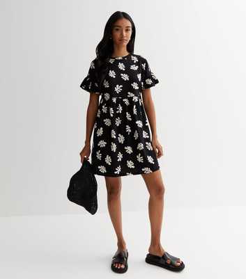 Black Leaf Jersey Frill Sleeve Mini Smock Dress