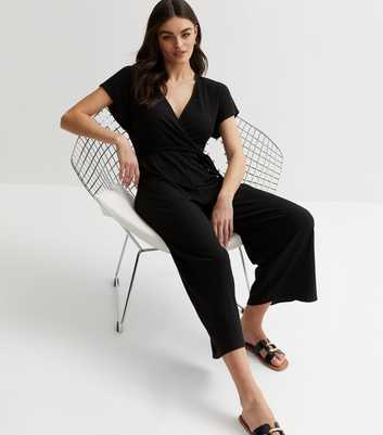 Black Ribbed Jersey Belted Wrap Jumpsuit