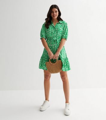 Green Leopard Print Frill Belted Mini Shirt Dress