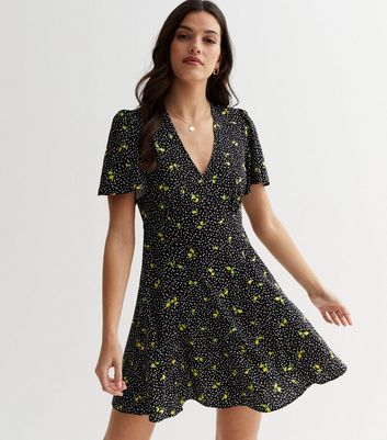 Black Lemon Spot Puff Sleeve Mini Dress