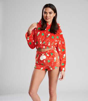 Loungeable Red Fleece Hoodie and Shorts Pyjama Set with Christmas Print