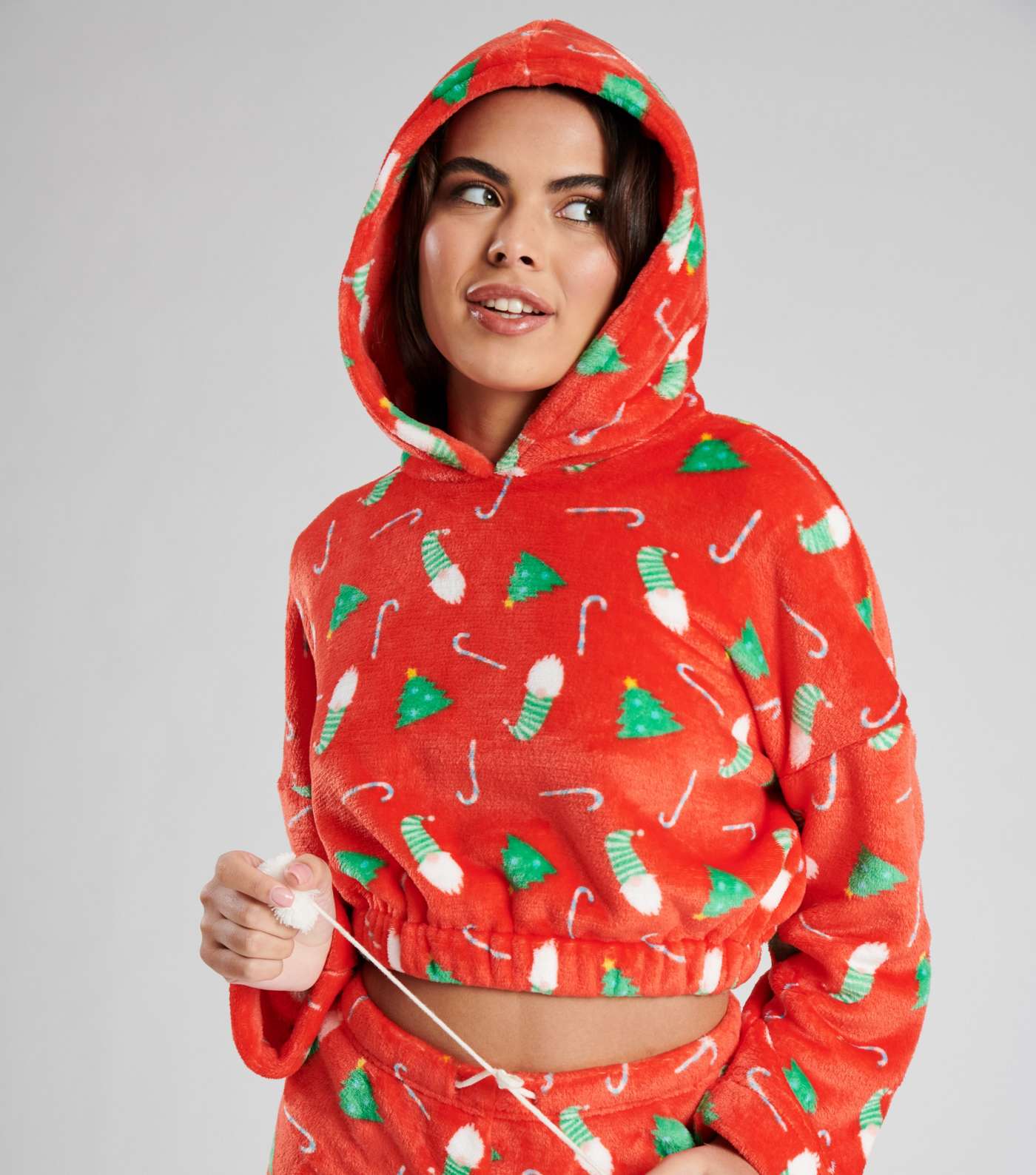Loungeable Red Fleece Hoodie and Shorts Pyjama Set with Christmas Print Image 3