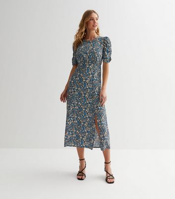 Black Ditsy Floral Ruched Midi Dress | New Look