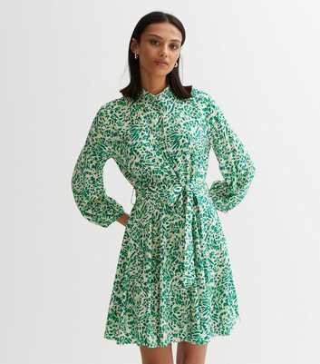 Green Animal Print Puff Sleeve Mini Shirt Dress