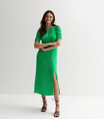 Green Spot Ruched Puff Sleeve Split Midi Dress New Look