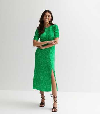 Green Spot Ruched Puff Sleeve Split Midi Dress