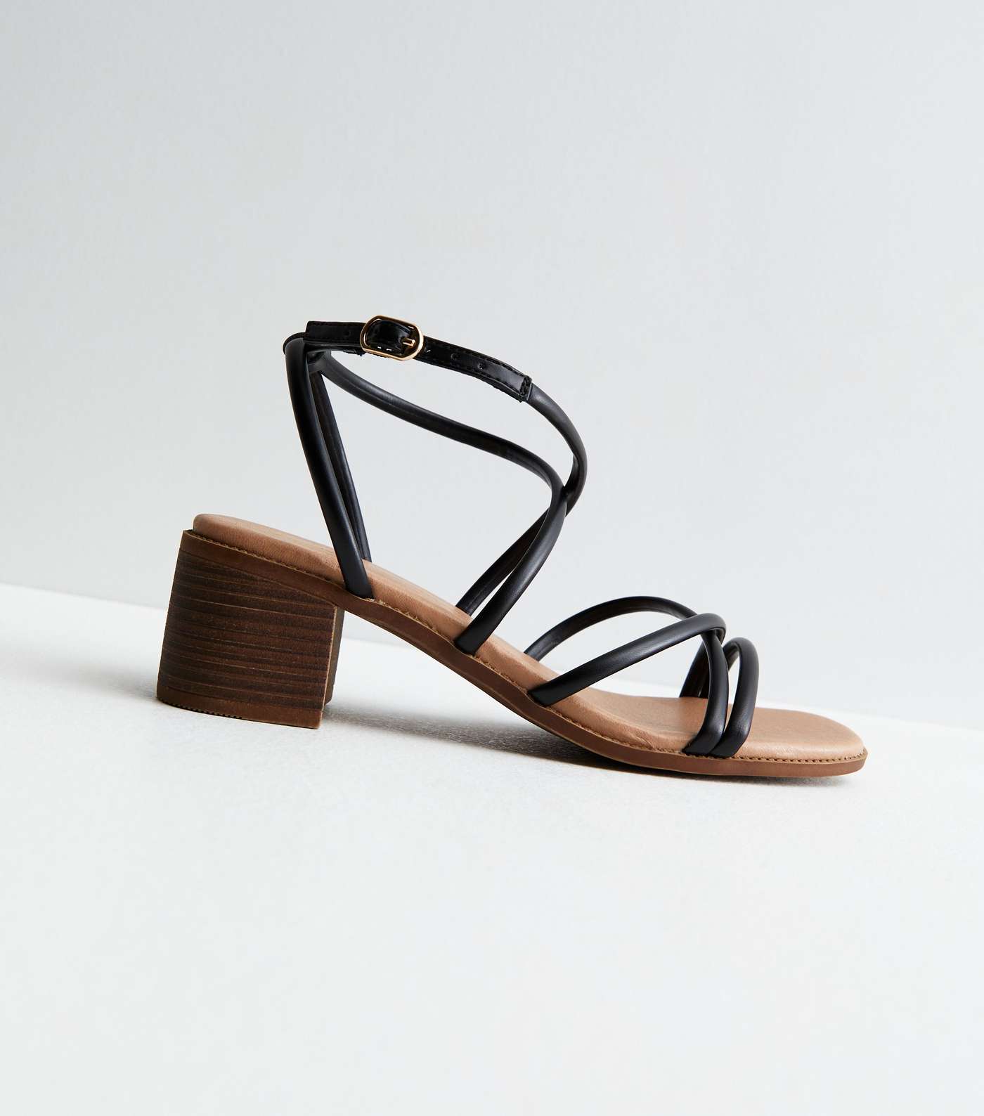 Black Leather-Look Strappy Block Heel Sandals Image 3
