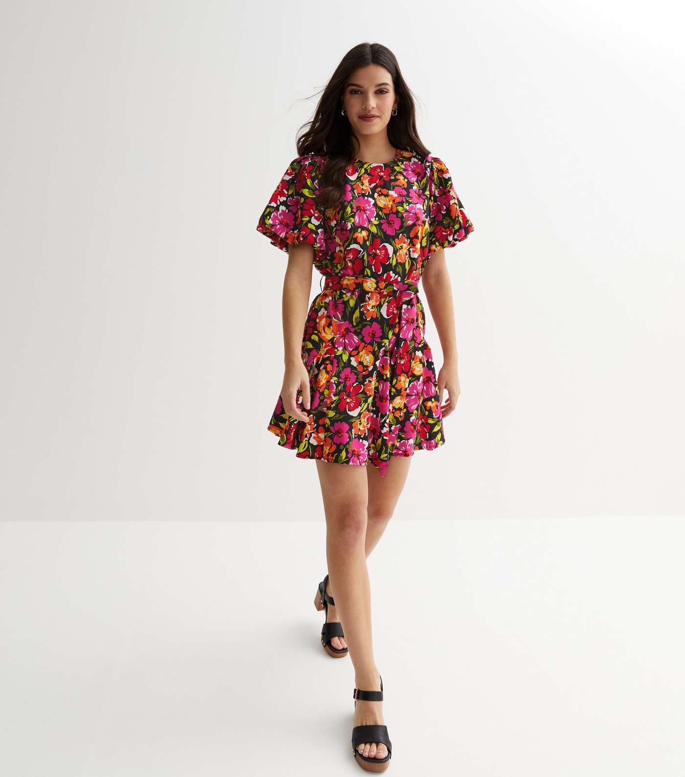 Pink Floral Puff Sleeve Belted Mini Dress Image 3