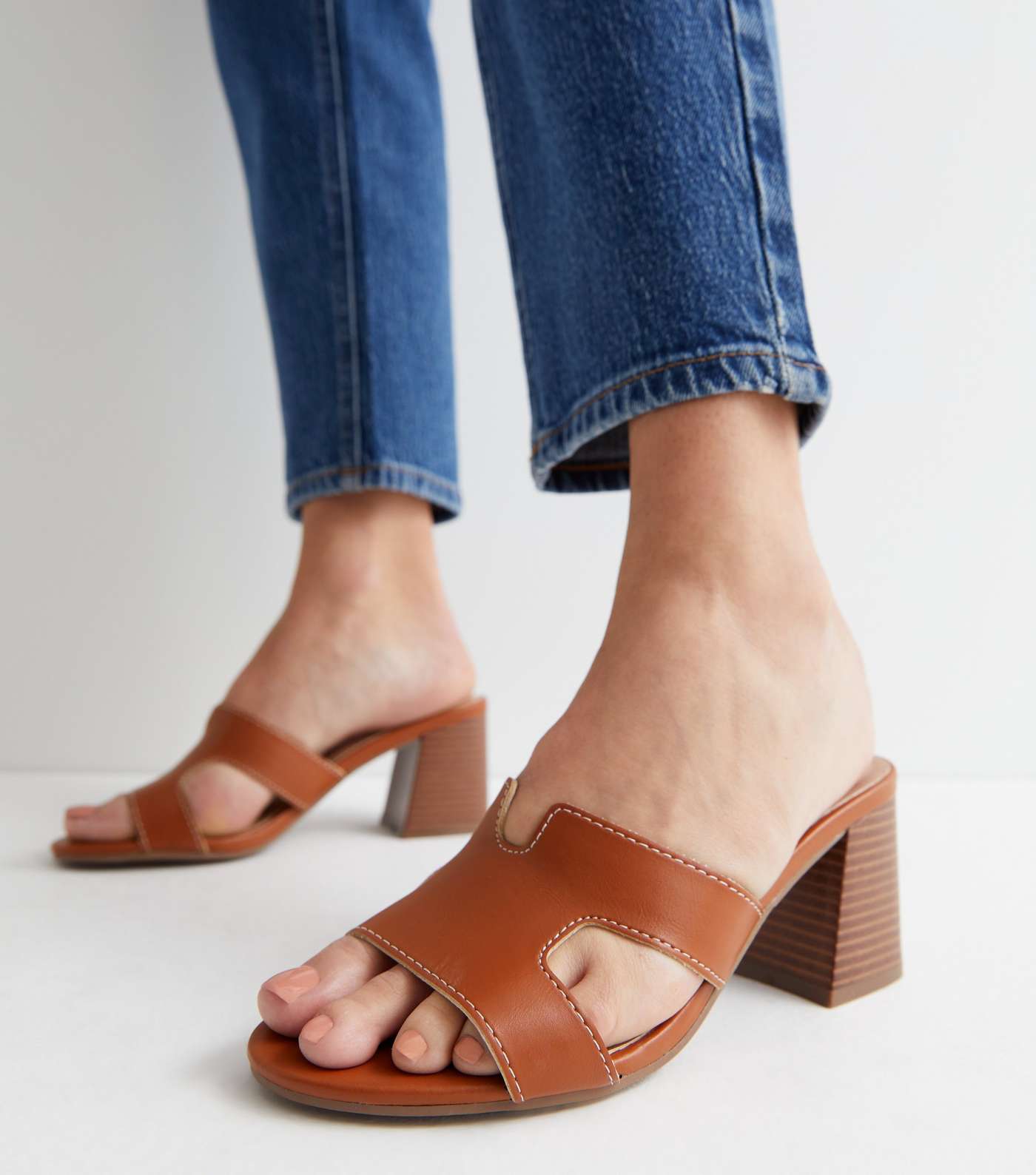 Tan Mid Block Heel Mule Sandals Image 2