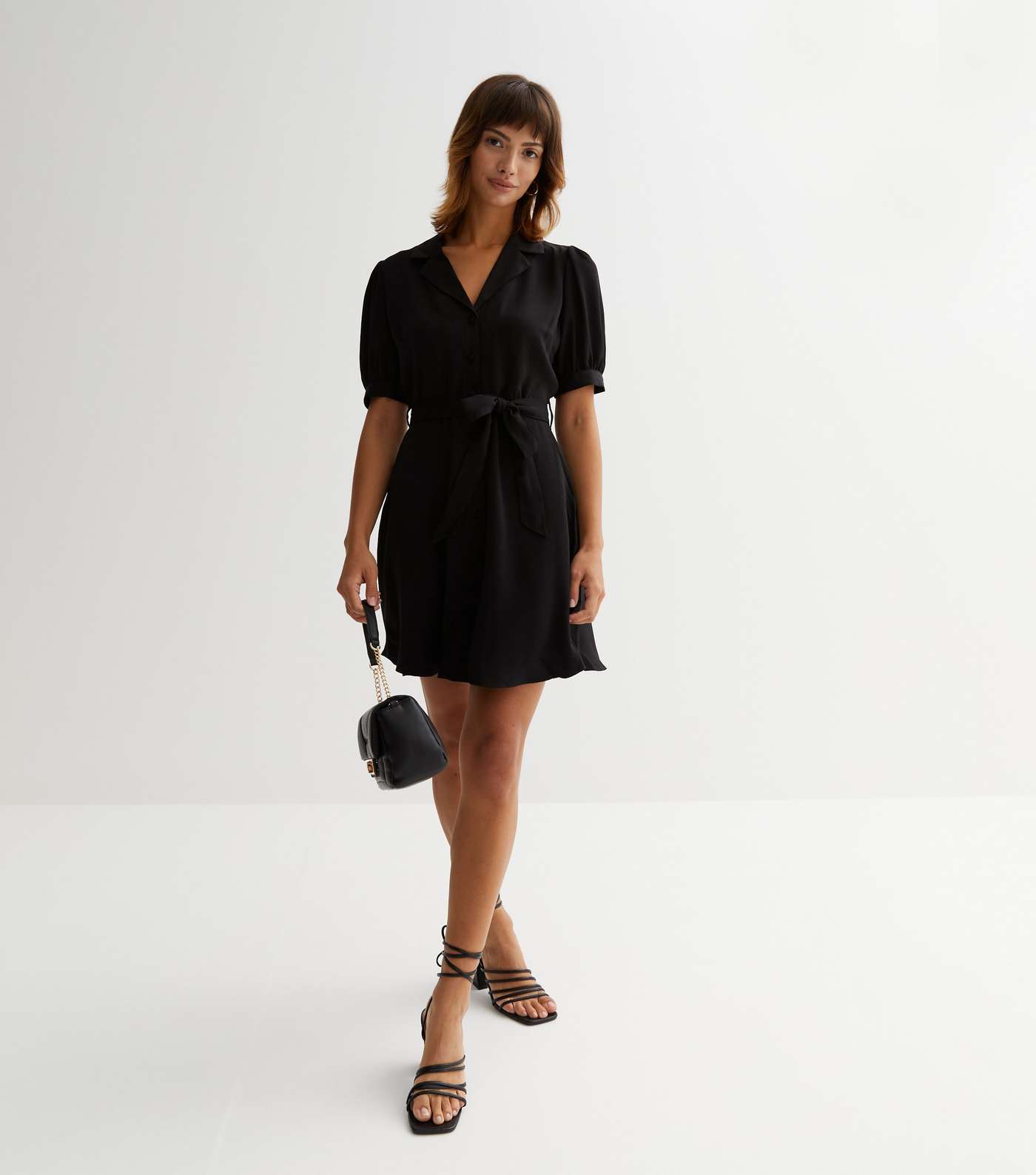 Black Puff Sleeve Belted Mini Shirt Dress Image 2
