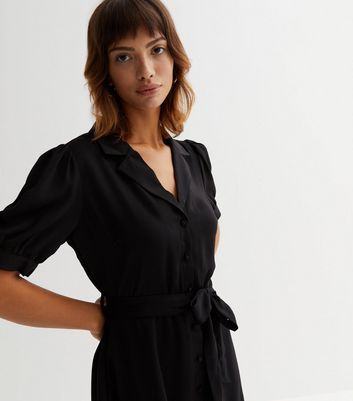 Black puff sleeve store belted shirt dress