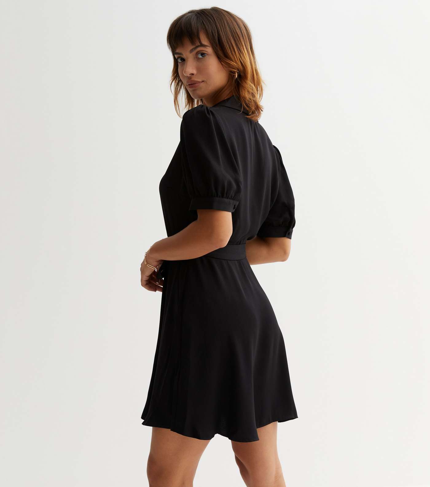 Black Puff Sleeve Belted Mini Shirt Dress Image 4