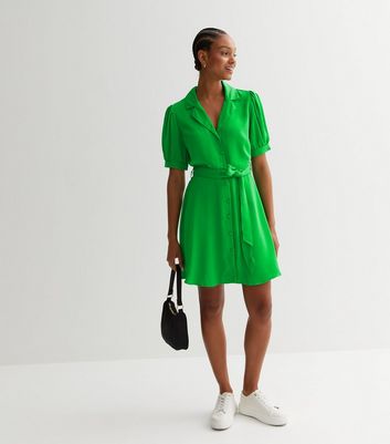 Green Puff Sleeve Belted Mini Shirt Dress