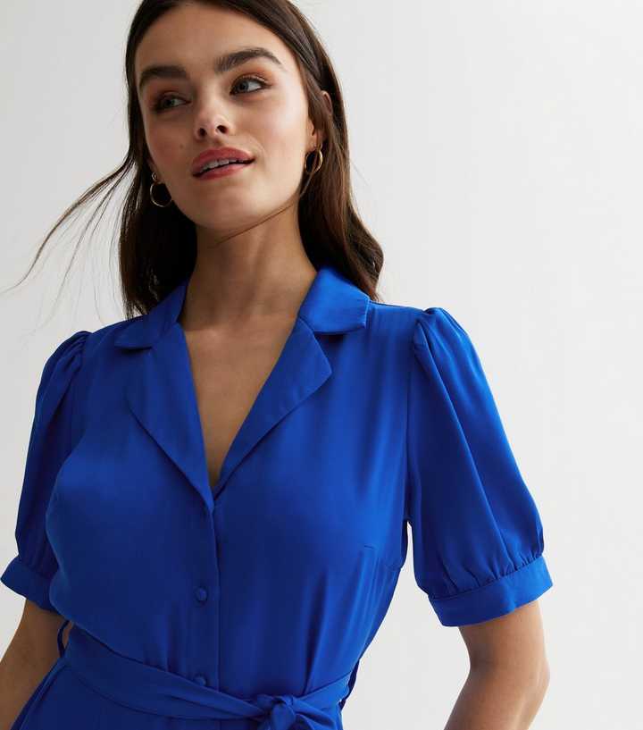 Bright Blue Puff Sleeve Belted Mini Shirt Dress | New Look Bright Blue Puff Sleeve Belted Mini Shirt Dress | New Look