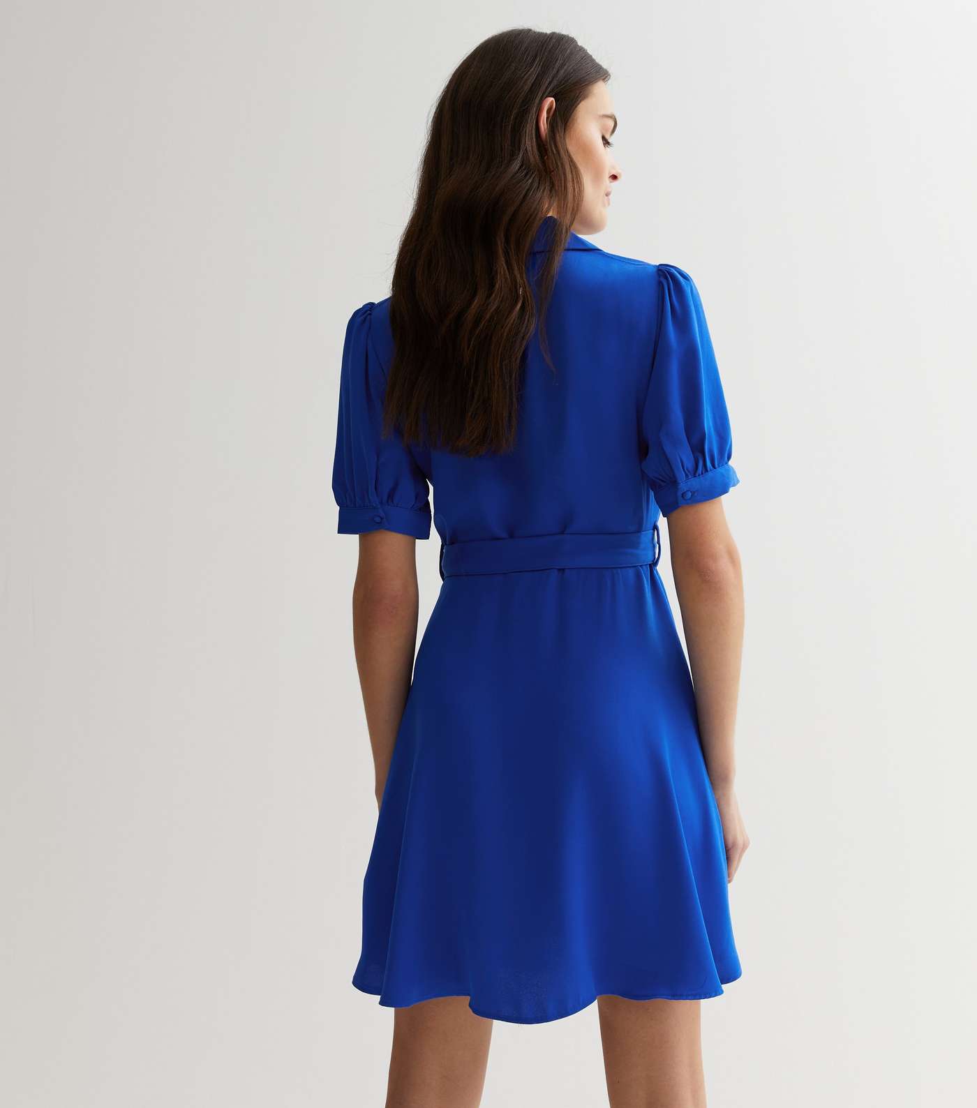 Bright Blue Puff Sleeve Belted Mini Shirt Dress Image 4