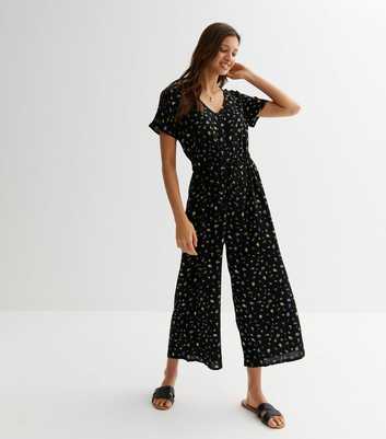Black Ditsy Floral Drawstring Crop Jumpsuit