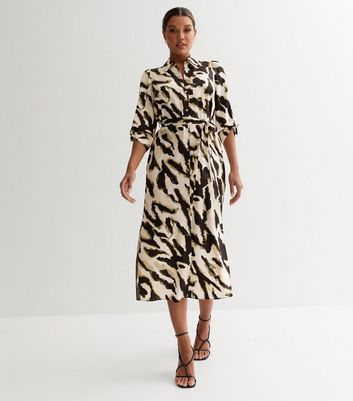 Off White Jacquard Animal Print Belted Midi Shirt Dress | New Look