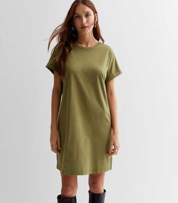 Khaki Roll Sleeve Mini T-Shirt Dress